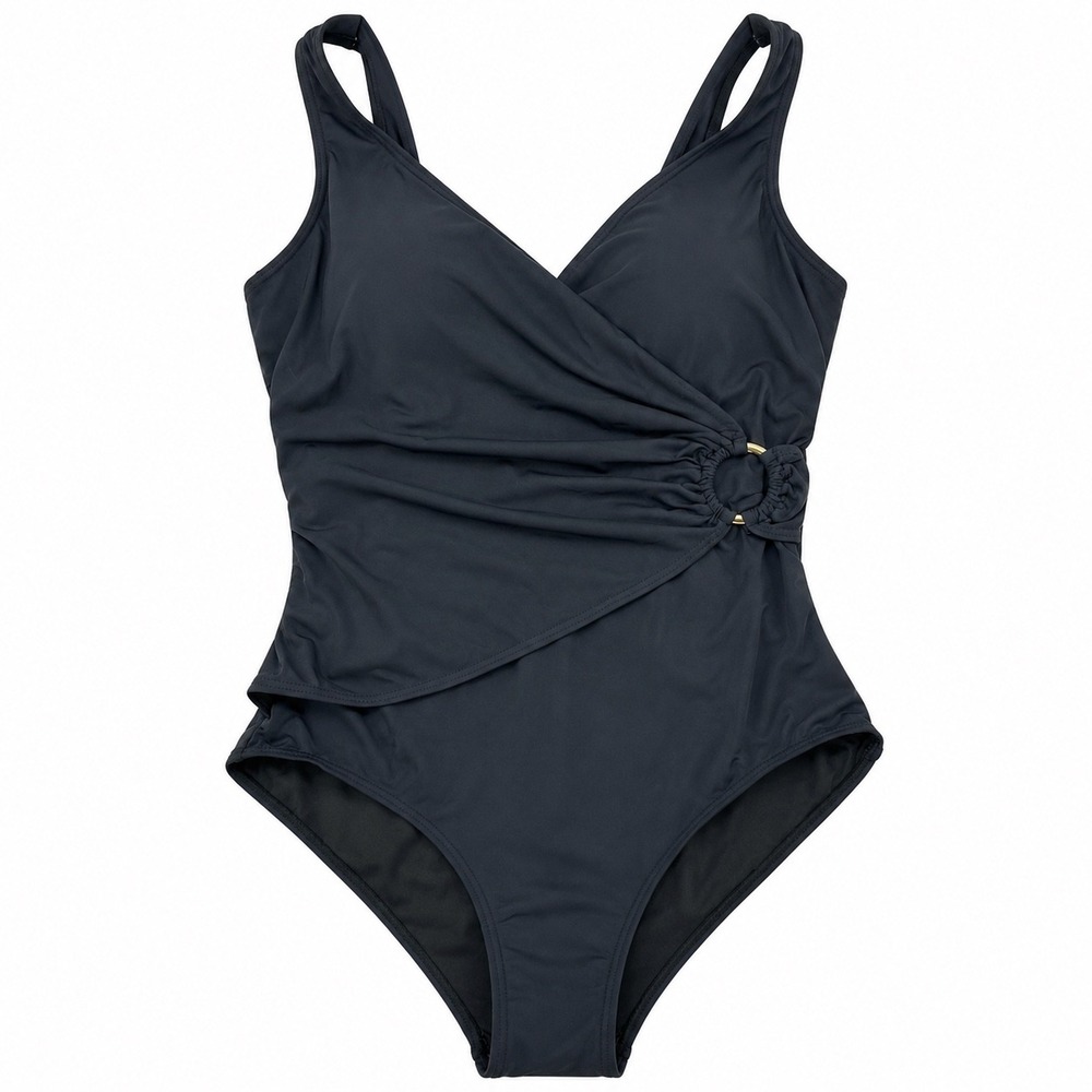 Yonique Women Black One Piece Swimsuit Wrap Front Ruched Gold Ring  NEW 16W